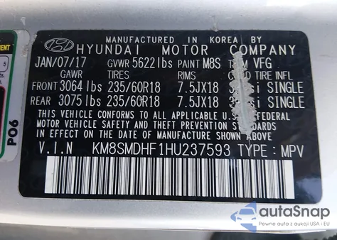 2017 Hyundai Santa Fe Se z USA, uszkodzony, nr VIN KM8SMDHF1HU237593